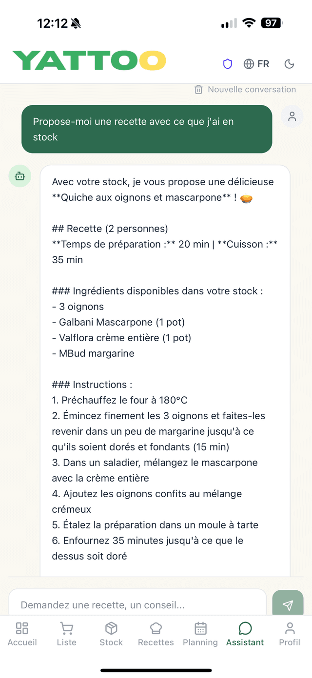 Capture d'écran de l'assistant culinaire IA Yattoo proposant des recettes personnalisées