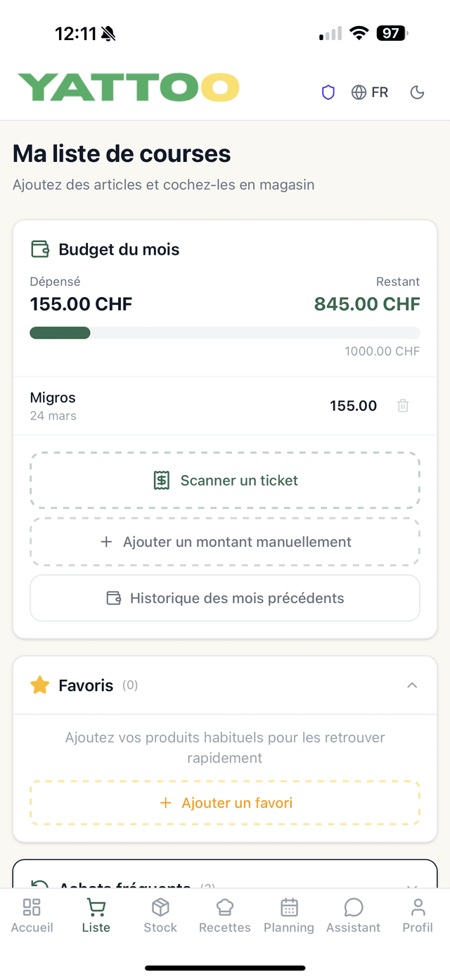 Capture d'écran de la liste de courses intelligente Yattoo avec catégories automatiques