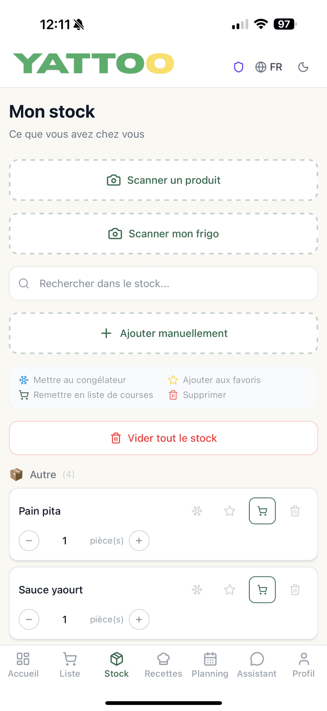 Capture d'écran du garde-manger Yattoo avec suivi des dates de péremption